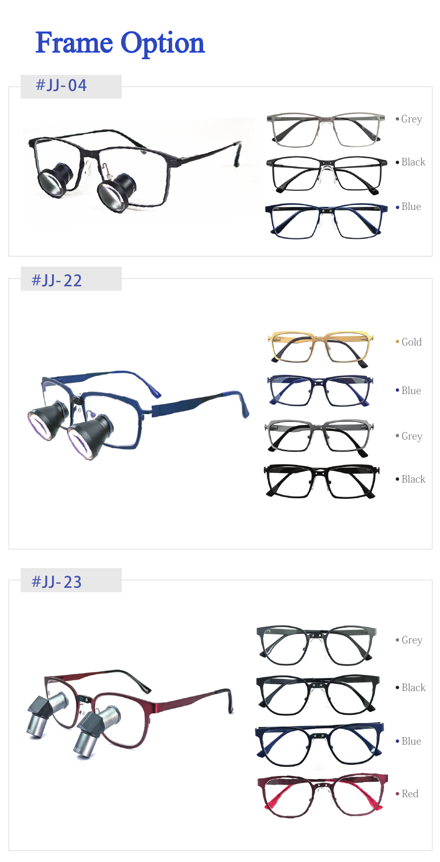 Frame options JJ-04 and JJ-22 in multiple colors