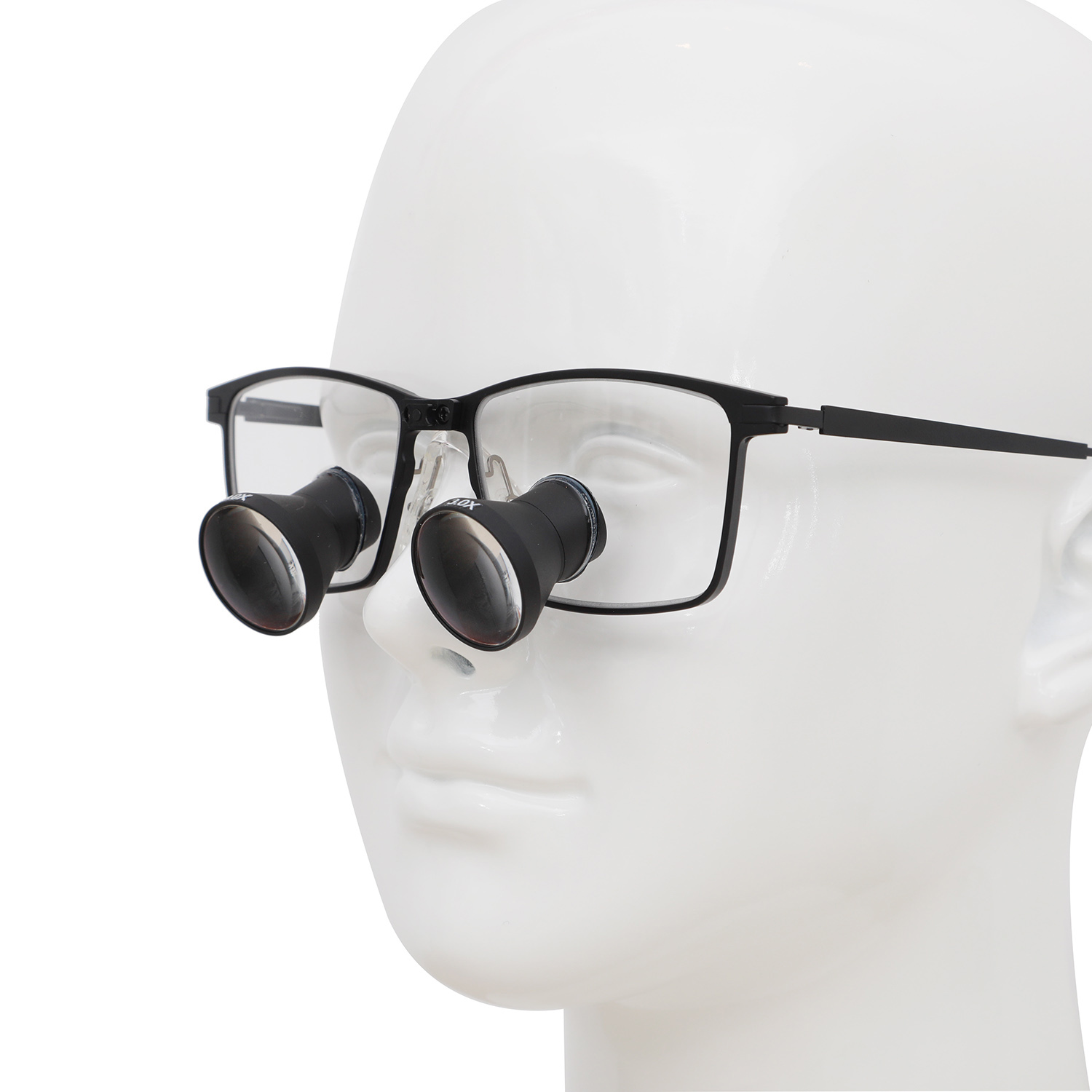 Left-angle view of black rectangular TTL loupes on a display head