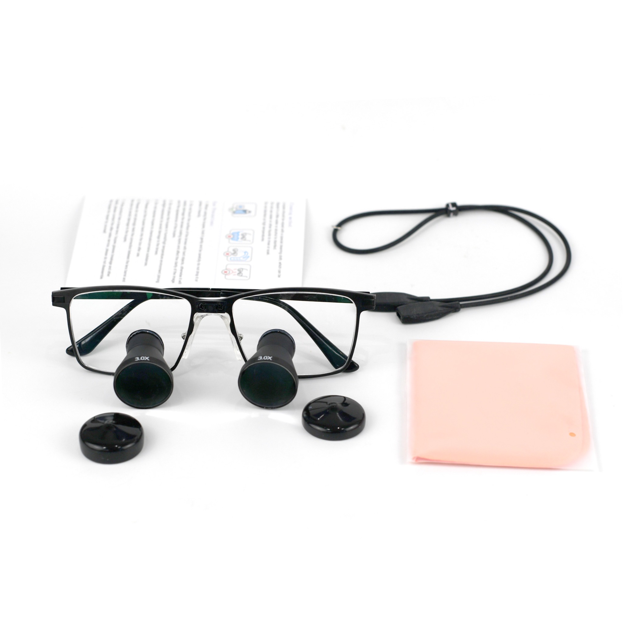 Front view of 300LD 3.0x TTL loupes with included accessories